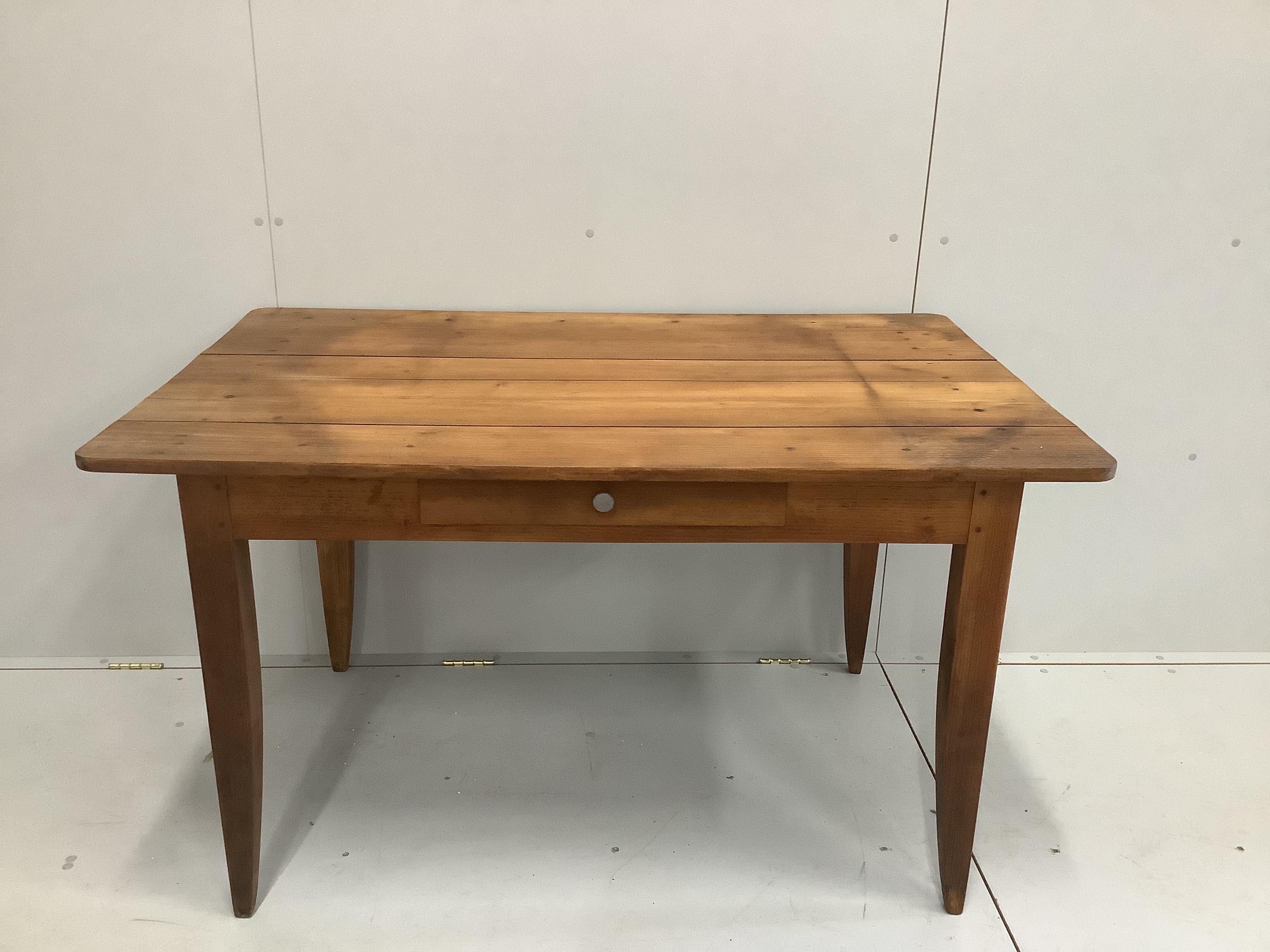 A French fruitwood kitchen table with frieze drawer, width 131cm, depth 82cm, height 75cm